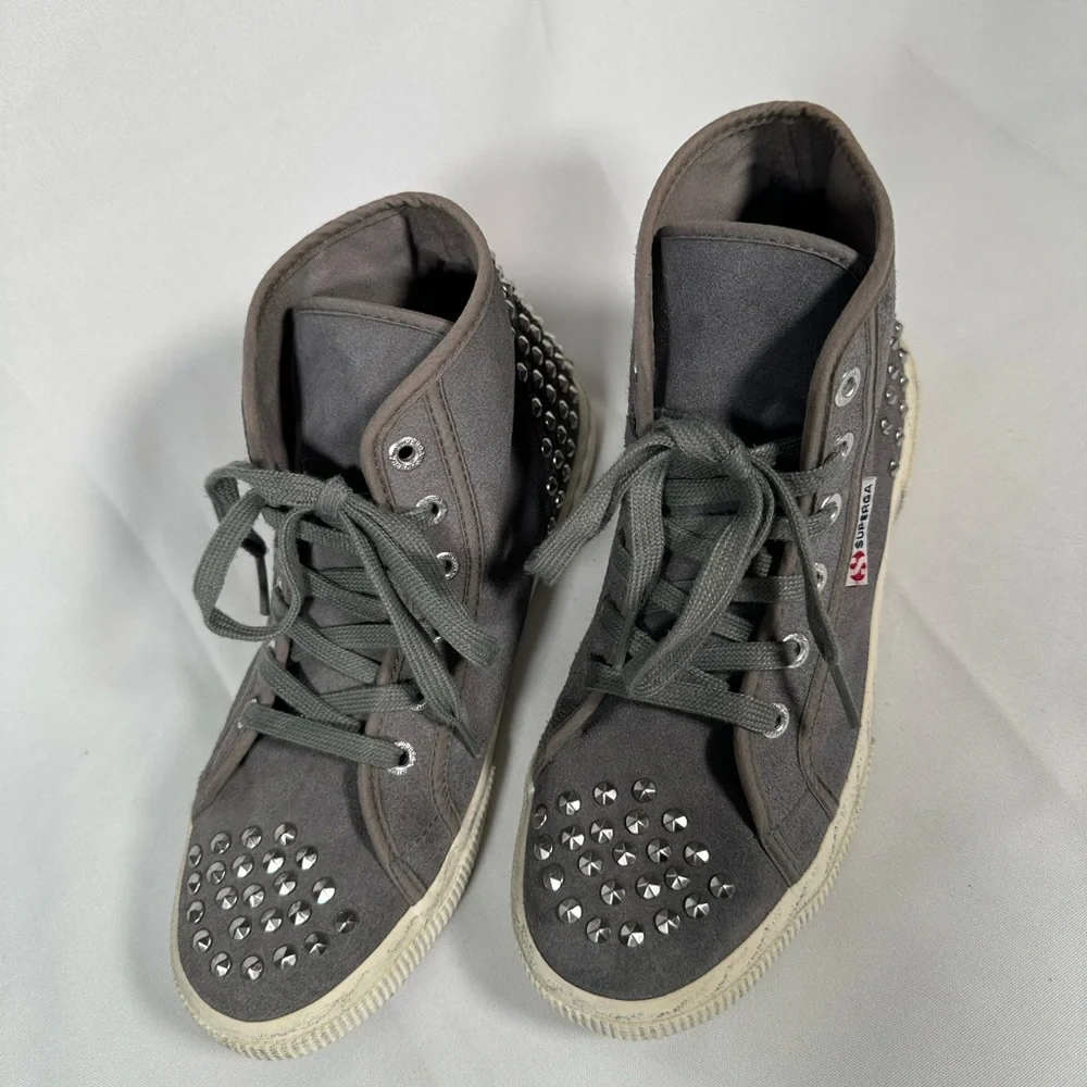 Superga Gray Suede Leather With Silver Studs, Grunge Black Smudged Sole